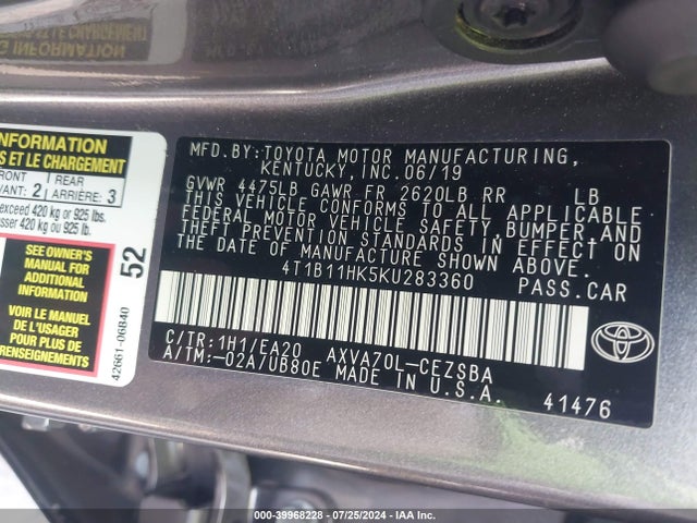 Toyota CAMRY SE 2019 4T1B11HK5KU283360 Image 9