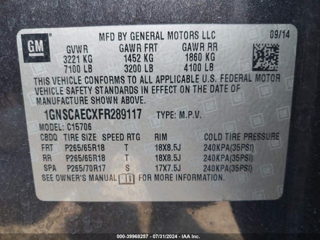 Chevrolet Tahoe Ls 2015 1GNSCAECXFR289117 Image 9