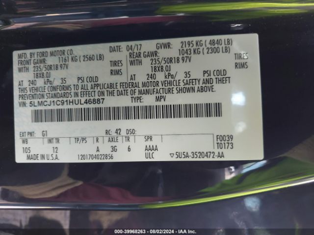 5LMCJ1C91HUL46887 Lincoln Mkc Premiere