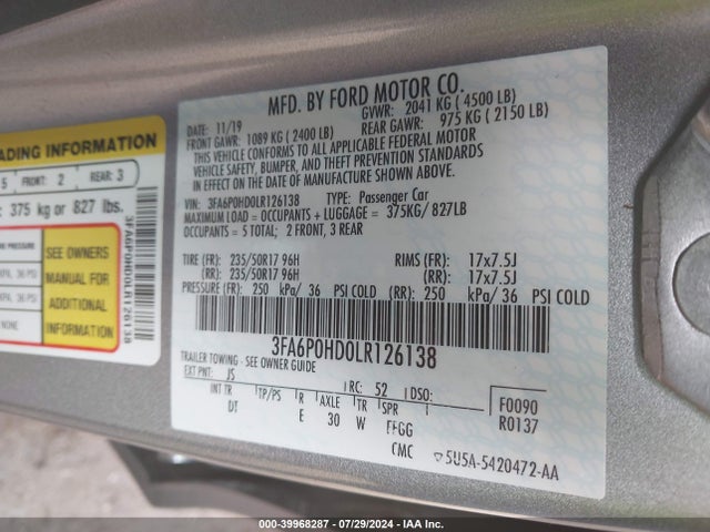 Ford FUSION SE 2020 3FA6P0HD0LR126138 Image 9