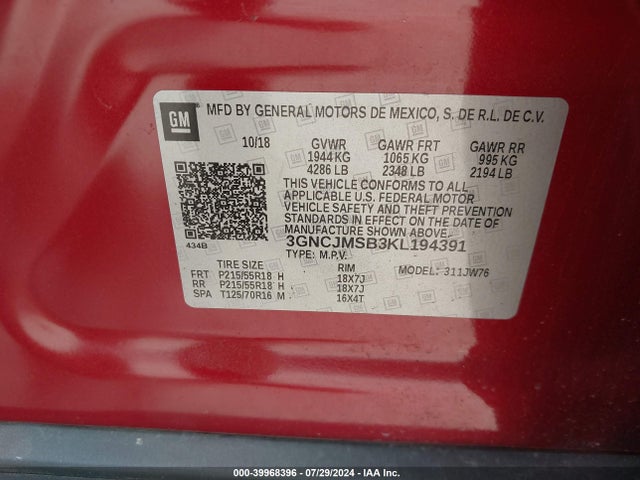 Chevrolet Trax Premier 2019 3GNCJMSB3KL194391 Image 9