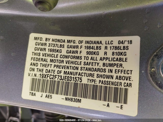 Honda CIVIC EX 2018 19XFC2F73JE031575 Image 9