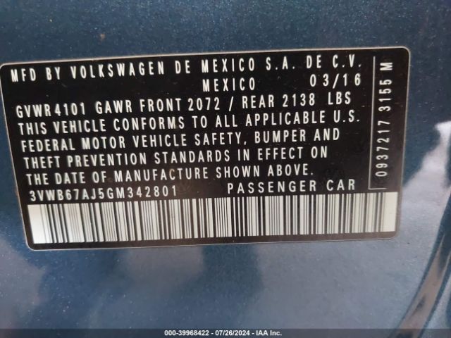 3VWB67AJ5GM342801 Volkswagen Jetta 1.4t Se