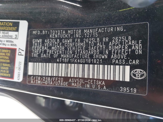 Toyota CAMRY SE 2016 4T1BF1FK4GU181821 Image 9