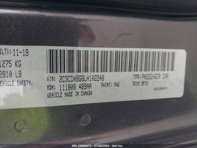 2C3CDXBG6LH102248 Dodge Charger Sxt Rwd