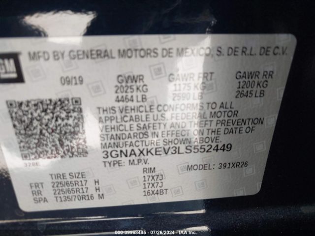 3GNAXKEV3LS552449 Chevrolet Equinox Fwd Lt 1.5l Turbo