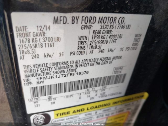 1FMJK1JT2FEF19376 Ford Expedition El Xlt