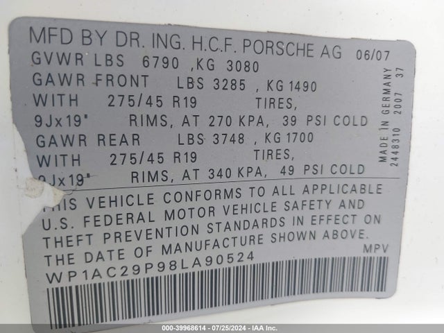 2008 PORSCHE CAYENNE WP1AC29P98LA90524 Photo 8