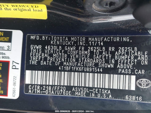 Toyota CAMRY SE 2015 4T1BF1FK6FU891544 Image 9