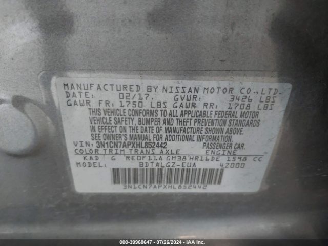 3N1CN7APXHL852442 Nissan Versa 1.6 Sl