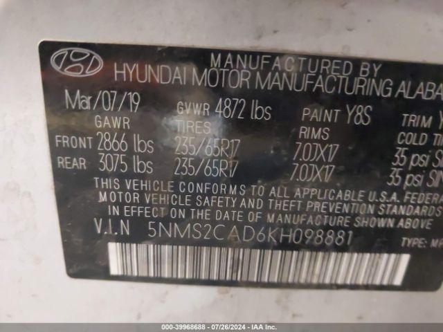 5NMS2CAD6KH098881 Hyundai Santa Fe Se
