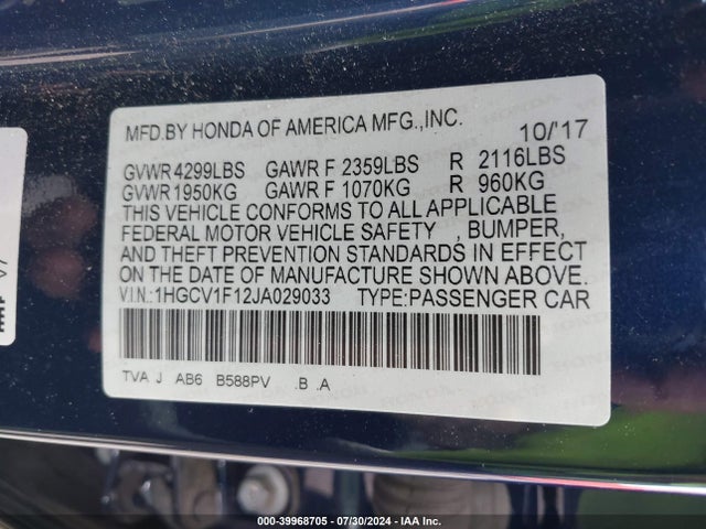 Honda ACCORD LX 2018 1HGCV1F12JA029033 Image 9
