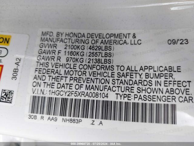 1HGCY2F5XRA008104 Honda Accord Hybrid Sport