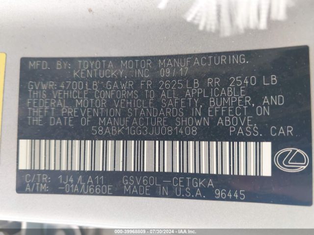58ABK1GG3JU081408 Lexus ES 350