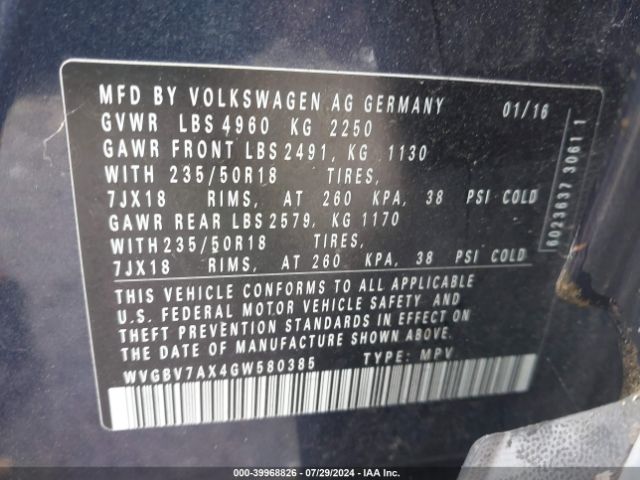 WVGBV7AX4GW580385 Volkswagen TIGUAN SE