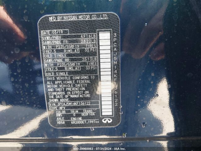 3PCAJ5M14KF136122 Infiniti Qx50 Luxe