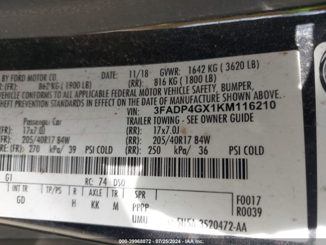 3FADP4GX1KM116210 Ford FIESTA ST