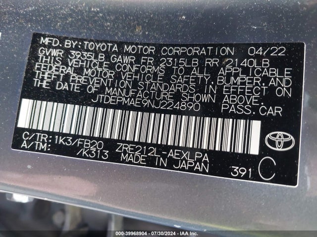 Toyota COROLLA LE 2022 JTDEPMAE9NJ224890 Image 9