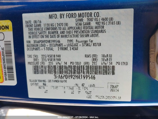 Ford FUSION SE 2017 3FA6P0H92HR199546 Image 9