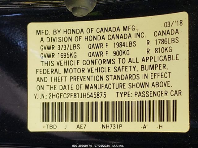 2HGFC2F81JH545875 Honda CIVIC EX