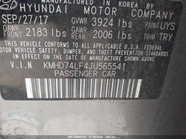 KMHD74LF4JU565541 Hyundai ELANTRA SE