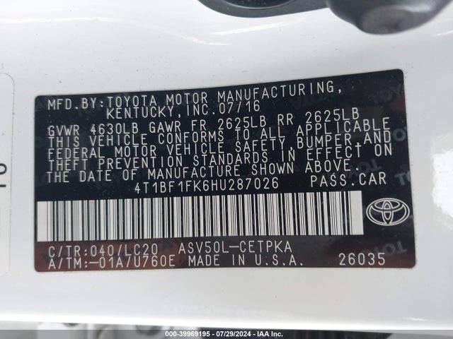 4T1BF1FK6HU287026 Toyota CAMRY XSE