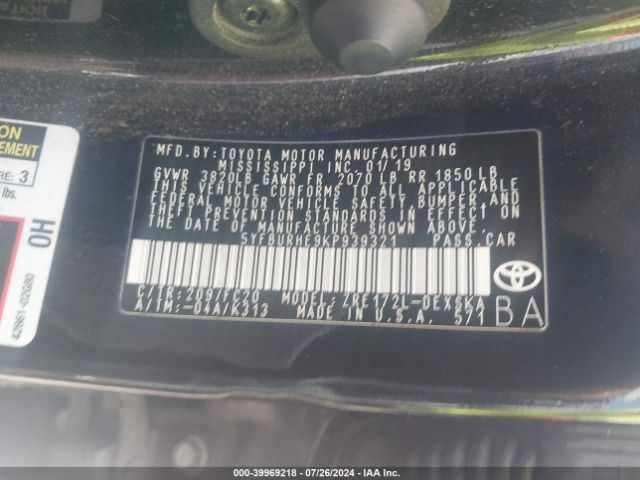 5YFBURHE9KP939321 Toyota Corolla L/le/se/xle/xse