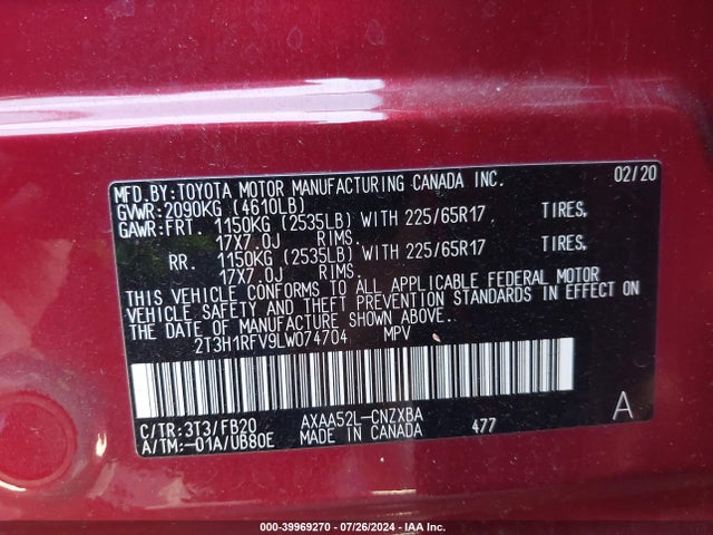 Toyota RAV4 LE 2020 2T3H1RFV9LW074704 Image 9