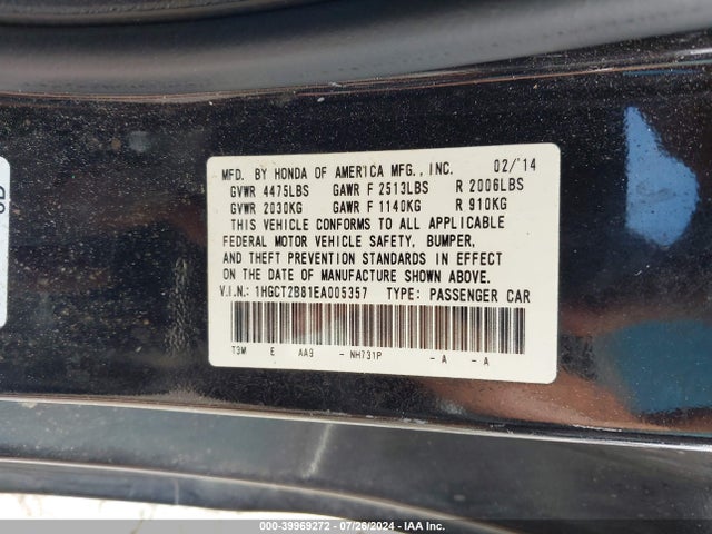 Honda Accord Ex-l V-6 2014 1HGCT2B81EA005357 Image 9