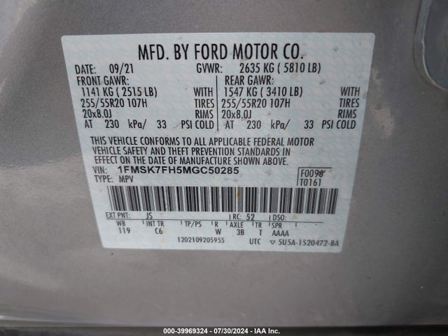 Ford Explorer Limited 2021 1FMSK7FH5MGC50285 Image 9