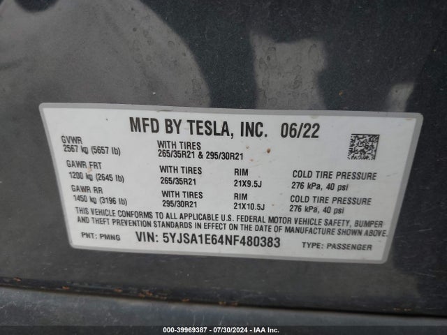 5YJSA1E64NF480383 Tesla Model S Plaid Tri Motor All-wheel Drive