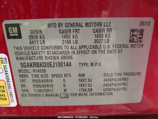 2014 Buick Enclave Leather მანქანა იყიდება აუქციონზე, vin: 5GAKRBKD0EJ100144, აუქციონის ნომერი: 39969434
