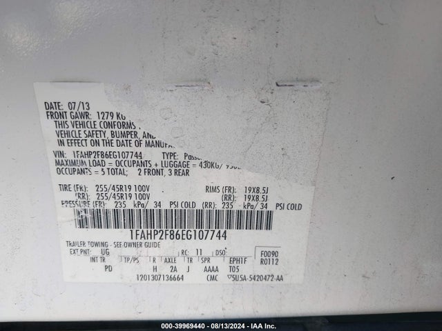 Ford Taurus Limited 2014 1FAHP2F86EG107744 Image 9