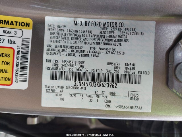 3LN6L5KU3KR633962 Lincoln Mkz Hybrid Standard