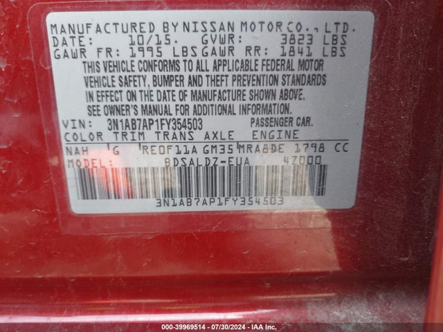 Nissan SENTRA SV 2015 3N1AB7AP1FY354503 Image 9