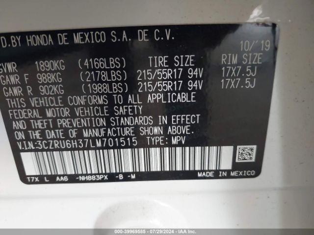 3CZRU6H37LM701515 Honda Hr-v Awd Lx