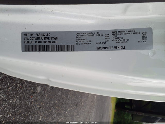 Продажа на аукционе авто 2021 Ram 3500 Chassis Tradesman/slt, vin: 3C7WRTAJ9MG701598, номер лота: 39969601