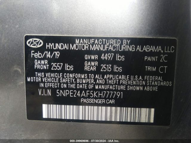 5NPE24AF5KH777791 Hyundai SONATA SE