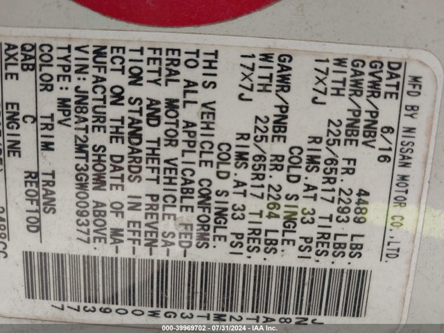Nissan ROGUE SV 2016 JN8AT2MT3GW009377 Image 9