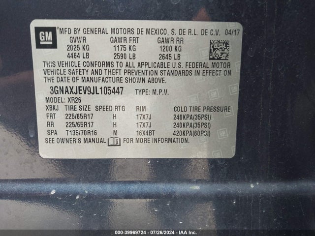 3GNAXJEV9JL105447 Chevrolet EQUINOX LT
