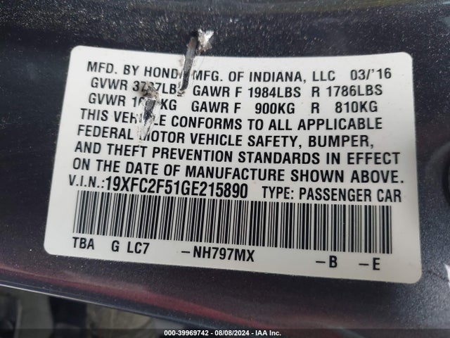 Honda Civic Lx 2016 19XFC2F51GE215890 Image 9