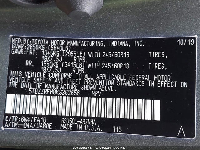 Toyota Highlander Le Plus 2019 5TDZZRFH8KS362656 Image 9