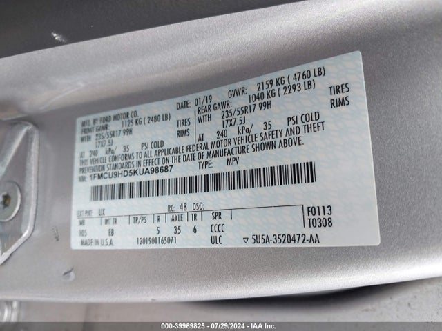 Ford ESCAPE SEL 2019 1FMCU9HD5KUA98687 Image 9