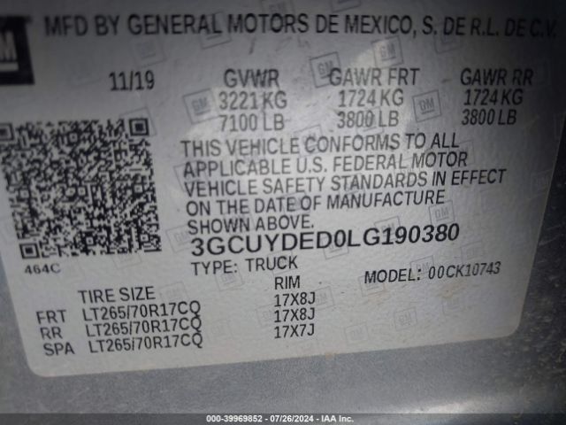 3GCUYDED0LG190380 Chevrolet Silverado 1500 4wd  Standard Bed Lt