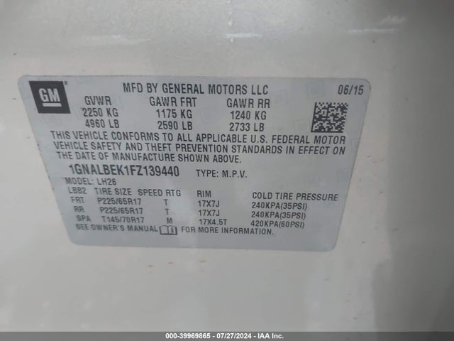 Chevrolet EQUINOX 1LT 2015 1GNALBEK1FZ139440 Image 9