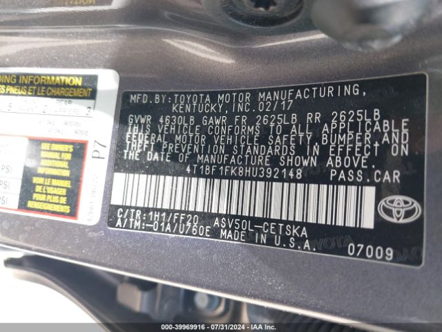 4T1BF1FK8HU392148 Toyota CAMRY SE