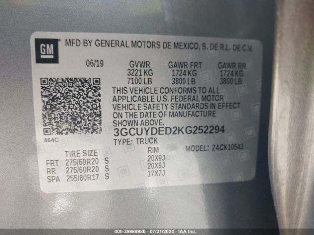 3GCUYDED2KG252294 Chevrolet Silverado 1500 Lt