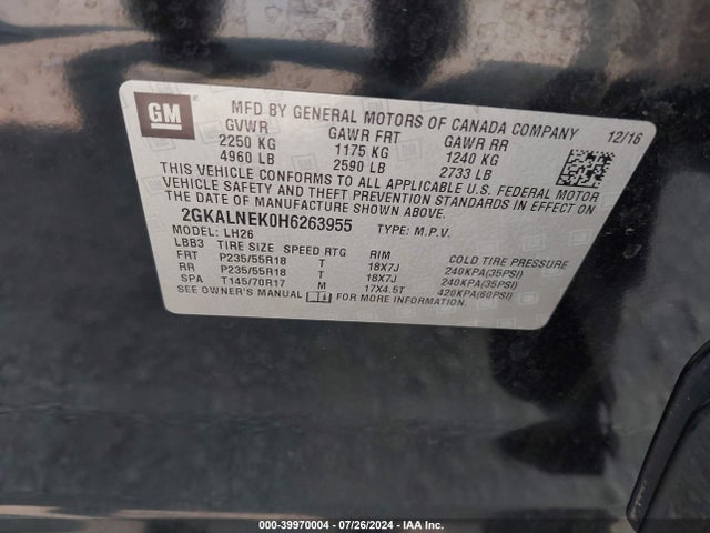 39970004 :رقم المزاد ، 2GKALNEK0H6263955 vin ، 2017 Gmc Terrain Sle-2 مزاد بيع