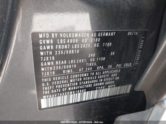 WVGAV7AXXGW616902 Volkswagen TIGUAN SE