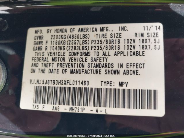 5J8TB3H3XFL011460 Acura RDX